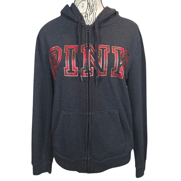 PINK Victoria's Secret Tops - Victorias Secret PINK Hoodie Size Medium Full Zip Logo Sweatshirt Gray